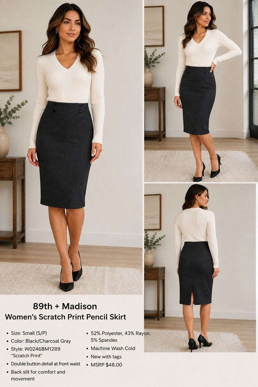89th + Madison Women’s Scratch Print Pencil Skirt Size S Black Gray Button NWT